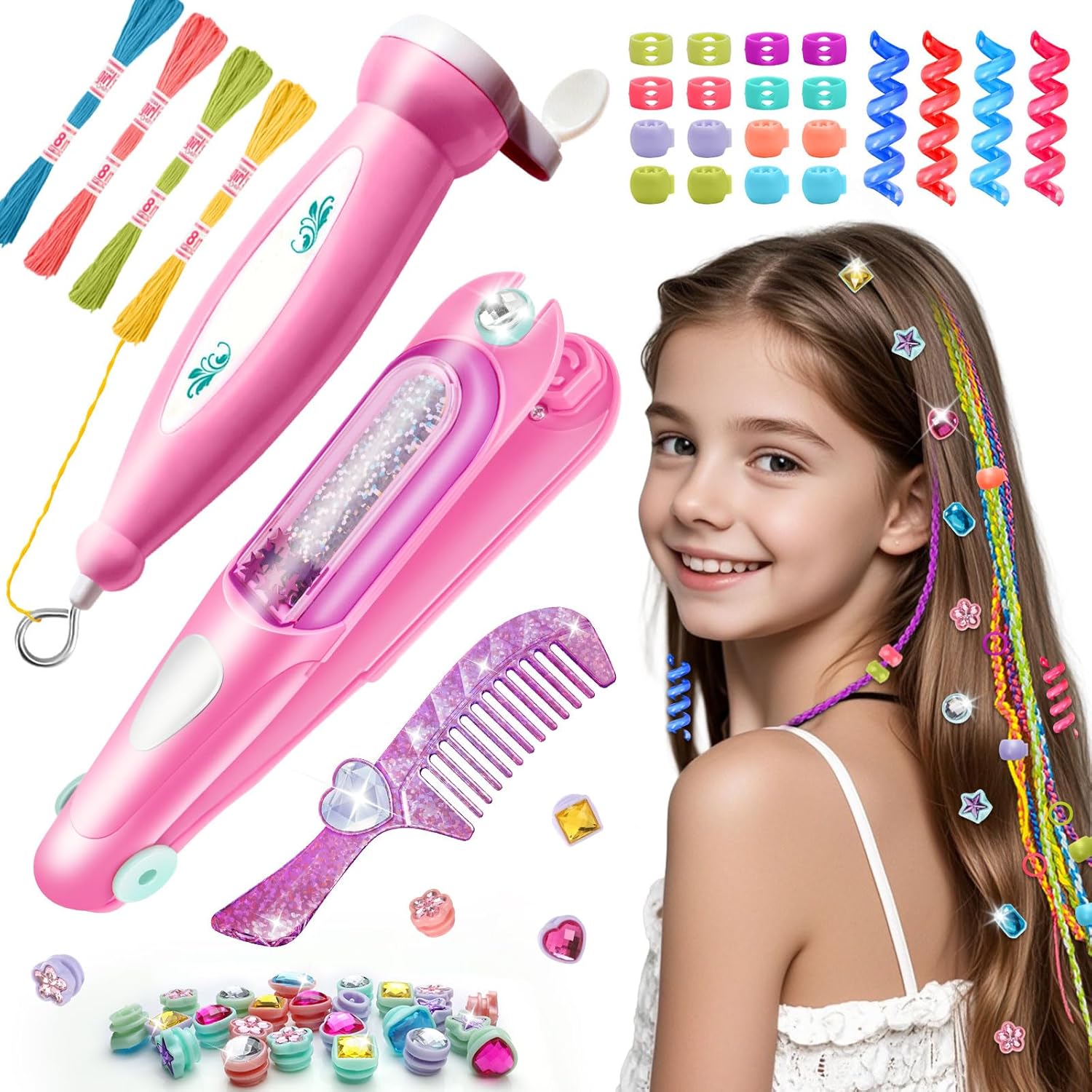 DIY Hair Salon Toys for Girls, Hair Gem Stamper Kit And Hair Rope Braider, Bling Hair Jewels Styling Tool with Glitter Diamonds Comb Beads Accessories Christmas Birthday Gifts for Girl 3 4 5 6 7 8-12