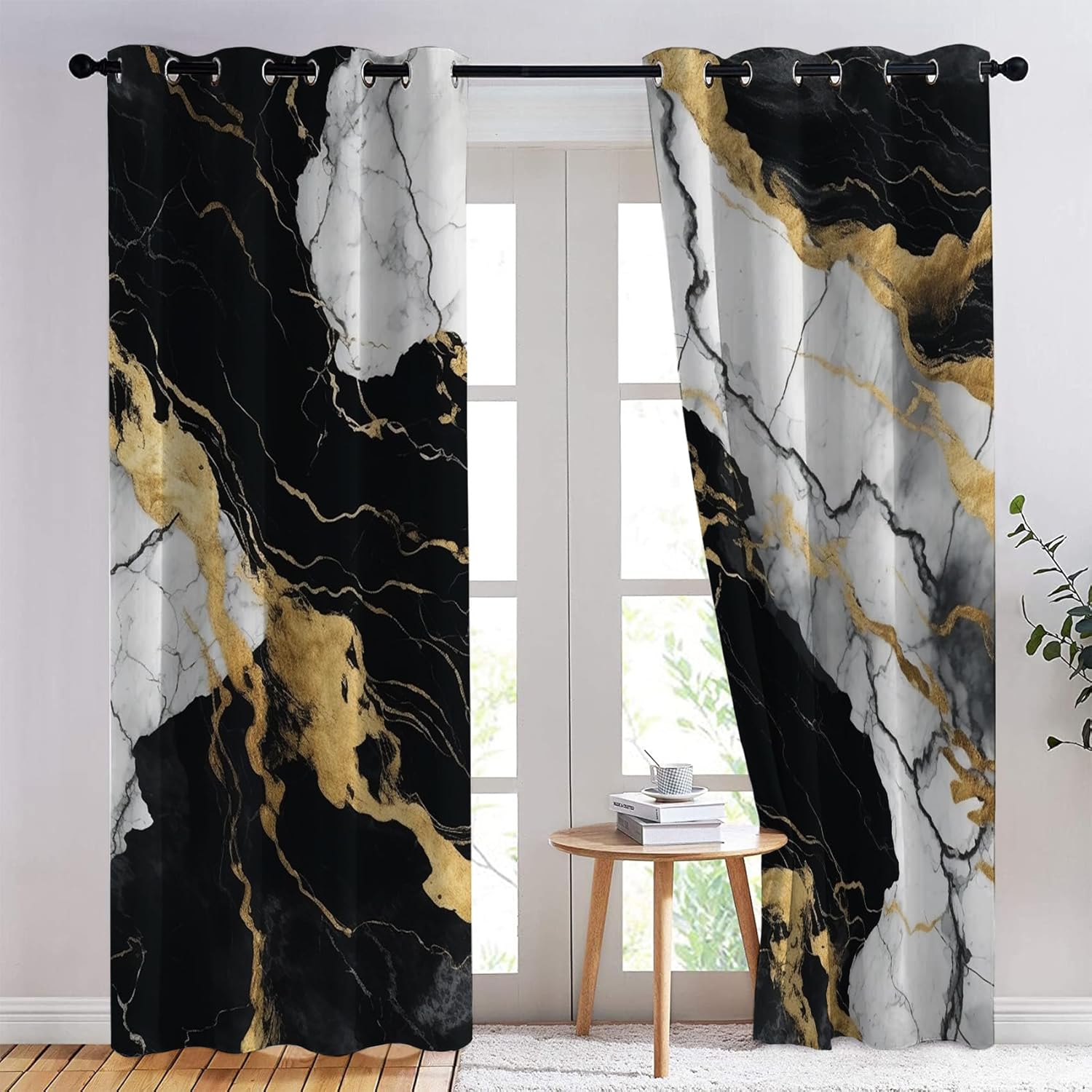 Marble Curtains Blackout, Thermal Insulated Room Darkening Grommet Drapes for Bedroom & Living Room, Abstract Modern Black Gold White Window Curtains, 54 Inch Curtains 2 Panel Set