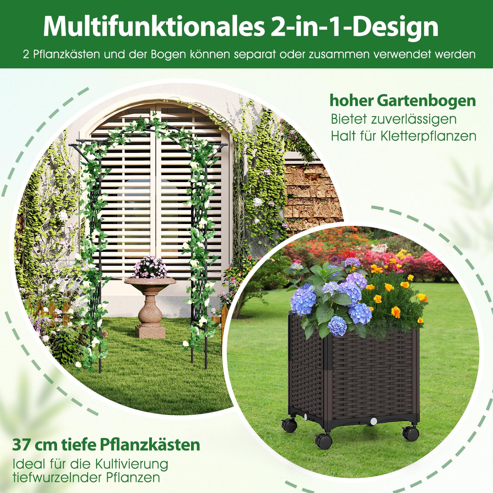 COSTWAY 2 in 1 Rosenbogen mit Blumenkasten, 250 cm, Gartenbogen aus Metall und PP, Spalier mit 2 Pflanzkästen auf Rollen & Drainagelöchern, Rankbogen Torbogen für Kletterpflanzen, Outdoor (Schwarz)