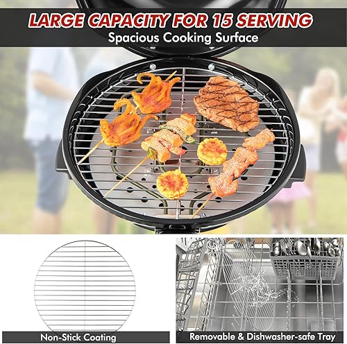 Miniatura 8 de HAPPYGRILL Parrilla eléctrica de 1600 W Parrilla de barbacoa al aire libre con rejilla de calentamiento para barbacoa de 15 porciones Parrilla