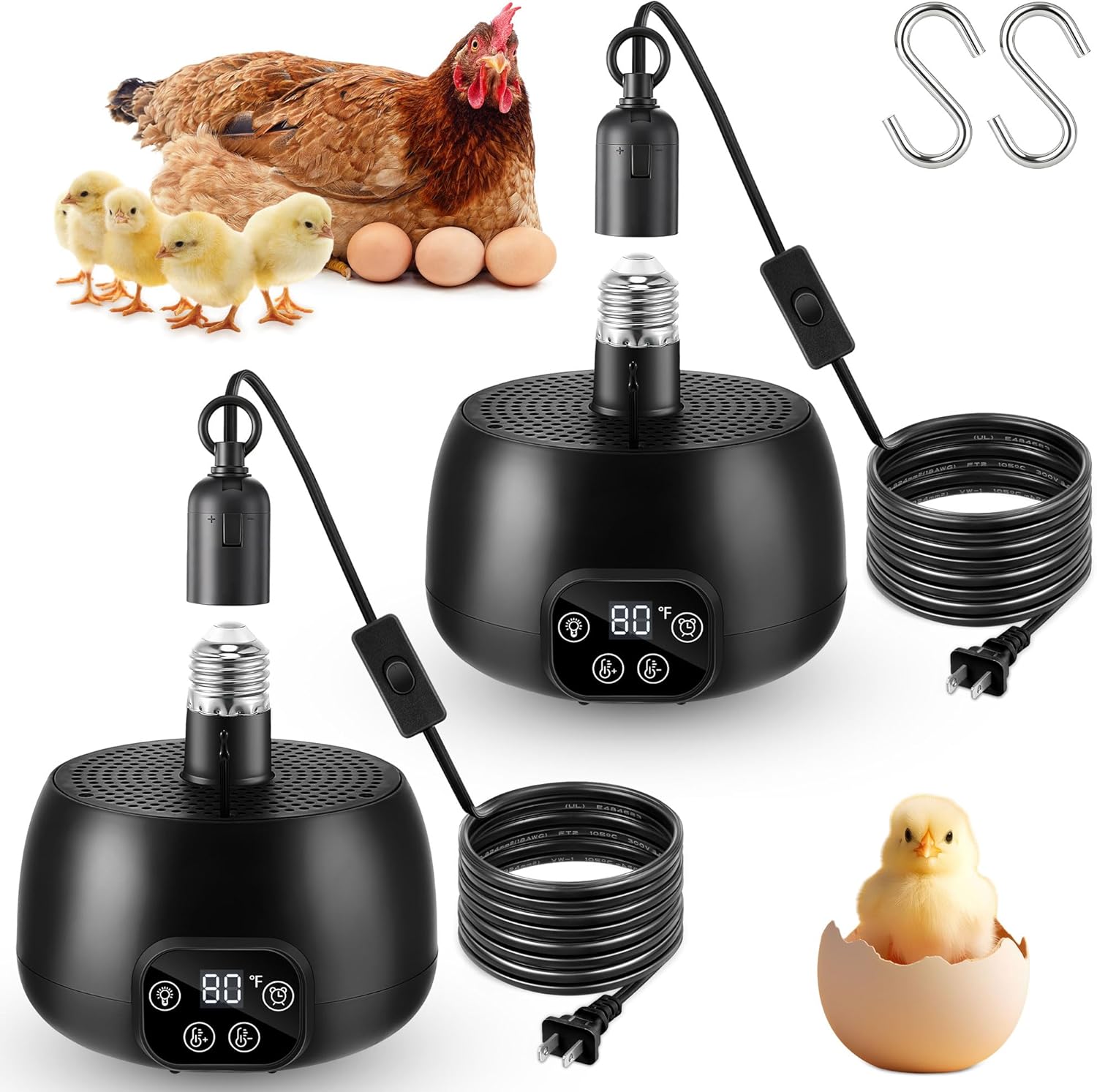 Enhon Chicken Coop Heater with LED Lighting, Adjustable Temperature, Timer & Safety Features – 5 Ft Long Cable Chicken Coop Heating Lamp Perfect for Small Animals and Reptiles(2 Pack)