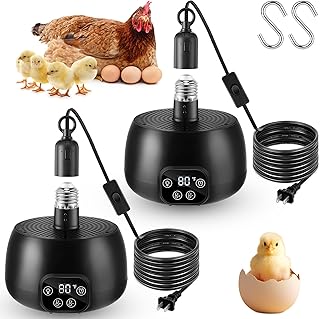 Enhon Chicken Coop Heater with LED Lighting, Adjustable Temperature, Timer & Safety Features – 5 Ft Long Cable Chicken Coop Heating Lamp Perfect for Small Animals and Reptiles(2 Pack)