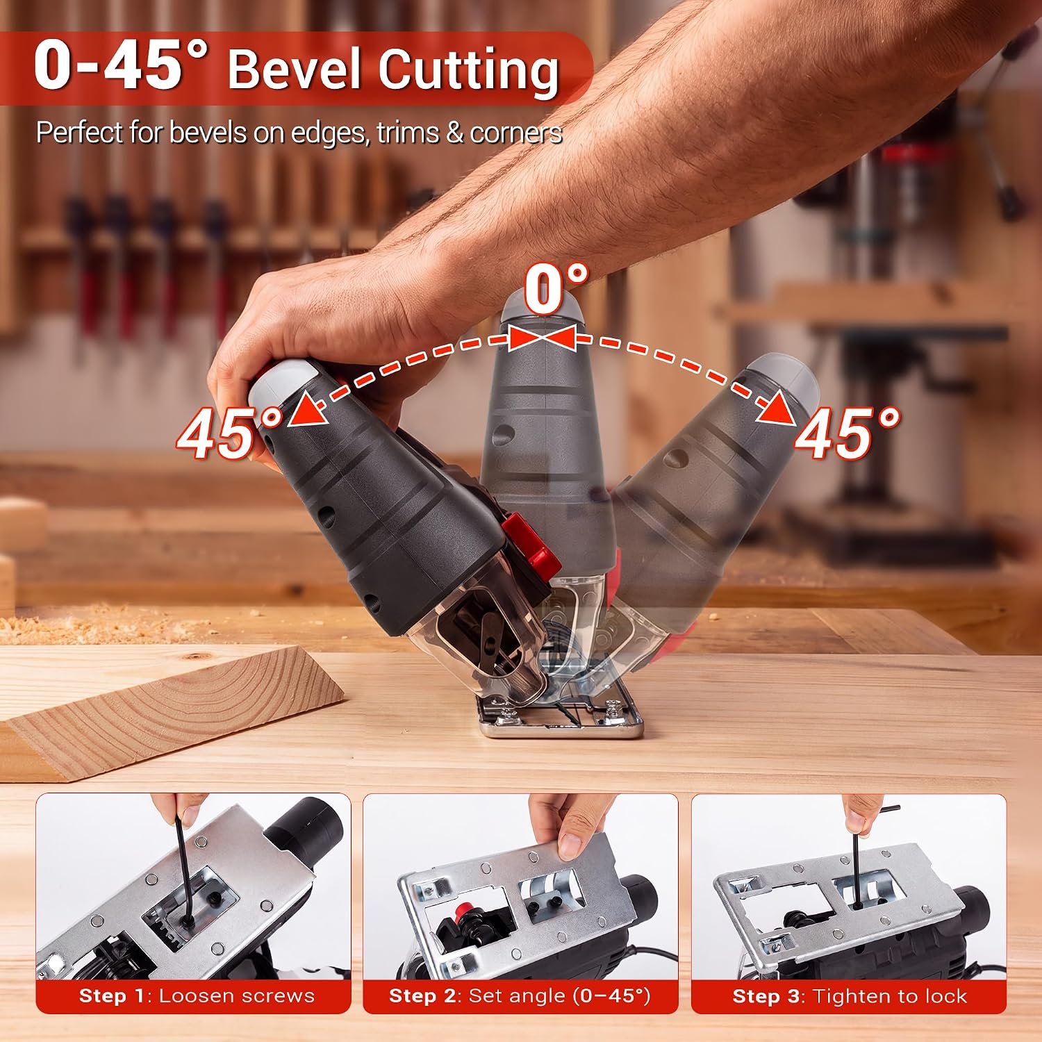 5.5-Amp Corded Jig Saw, Electric Jigsaw Tool for Wood Cutting, 6-Speed Wood Cutting Tool with 4 Orbital Settings & ±45° Bevel Cutting, Tool-free Blade Change, Corded Jigsaw Kit with Case image 4