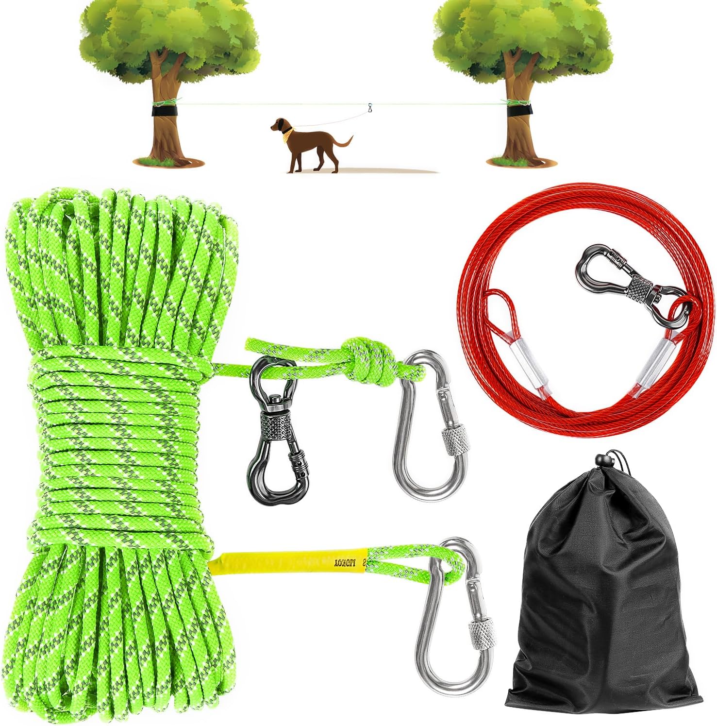 XiaZ Dog Tie Out Cable for Camping, 70FT Heavy Duty Trolley System with 10FT Runner Lead, Reflective Dog Runner for Yard, Camping, Parks, Outdoor Events for Large Medium Small Dogs up to 350lbs