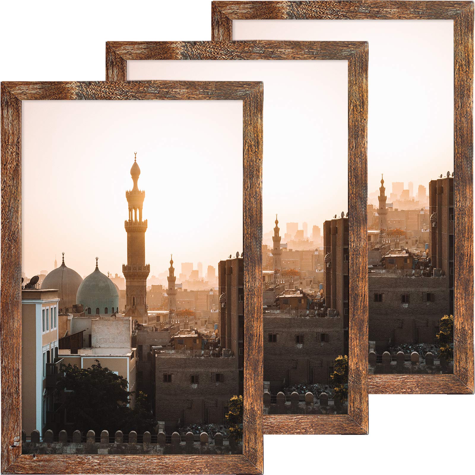 QEQRUG 12x18 Poster Frames for Picture/Photo/Poster,12x18 Picture Frame Smooth Wood Brown Grain Finish - 2 Sawtooth Hangers, Acrylic panel - Landscape/Portrait, Wall Display,3Pack