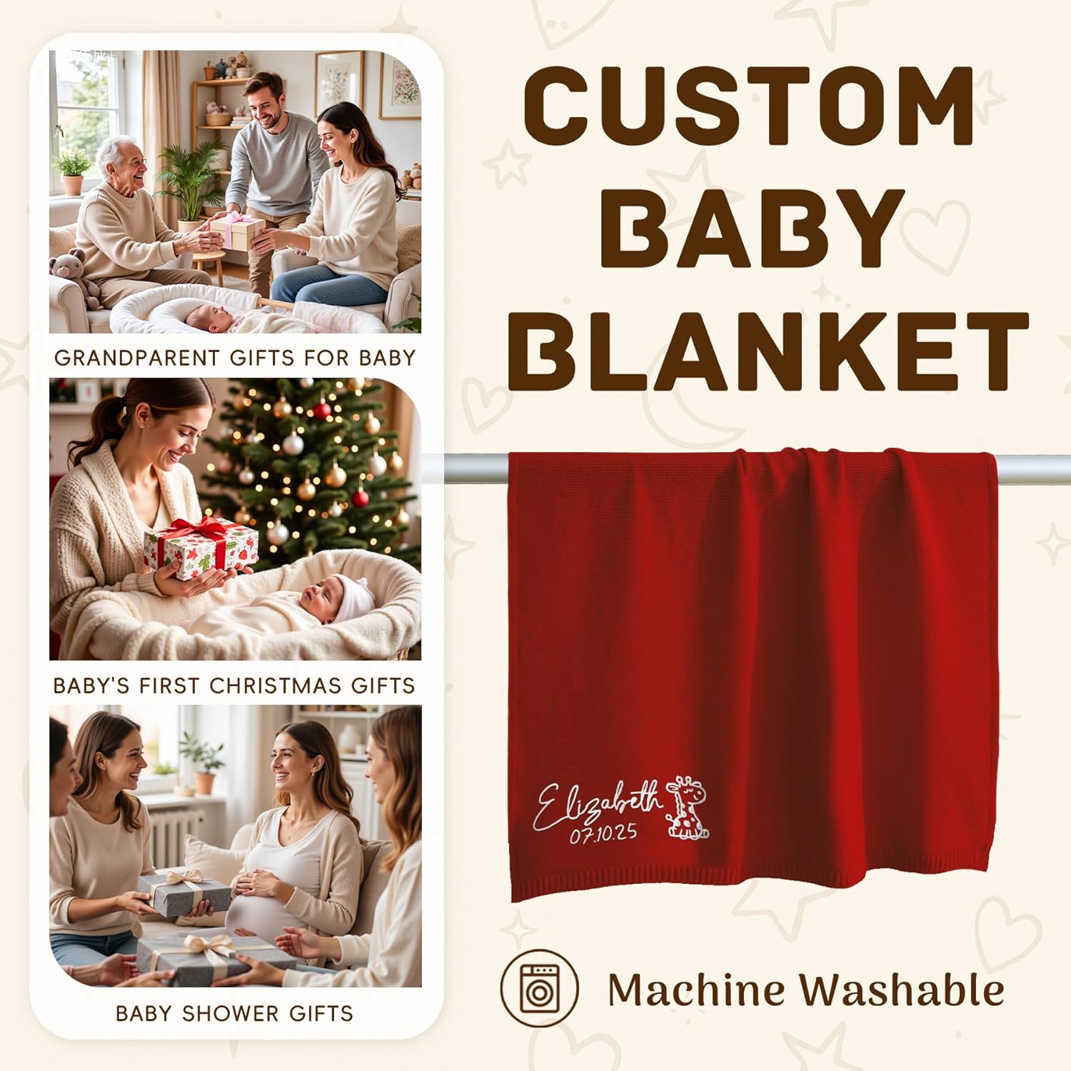 Custom Knit Blanket with Name for Newborn Boys Girls, 100% Cotton Personalized Embroidered Blanket for Baby's First Baby Shower, 32x40in (Red)