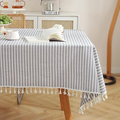 meioro Rectangle Striped Tassels Tablecloth Cotton Blend Stain and Wrinkle
