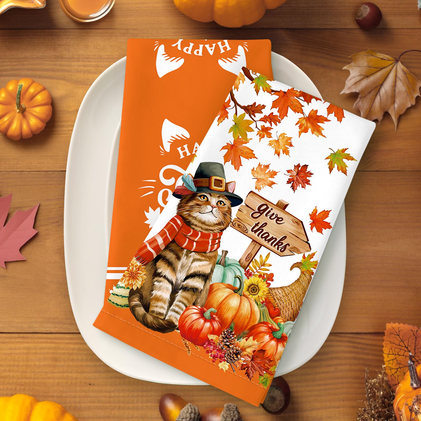 Arquiel Fall Thanksgiving Cat Pumpkin Tea Towels, Cotton Kitchen Towel 48 × 70 cm - Image 4