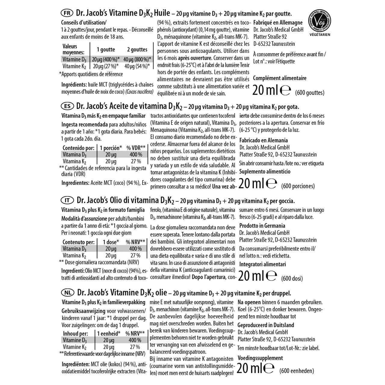 Dr Jacob S Vitamin D3 K2 Drops I Dietary Supplement For Healthy Bones And Immune System I High Bioavailability I Vitamin D3 And K2 Oil I Vegetarian I 20 Ml Buy Online In