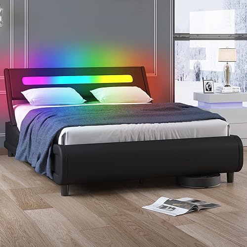BALUS King Bed Frame with LED Lights Headboard, Upholstered Tufted Platform Bed Frame, King Size Smart Bed Frame Light up Bed for Bedroom Furniture