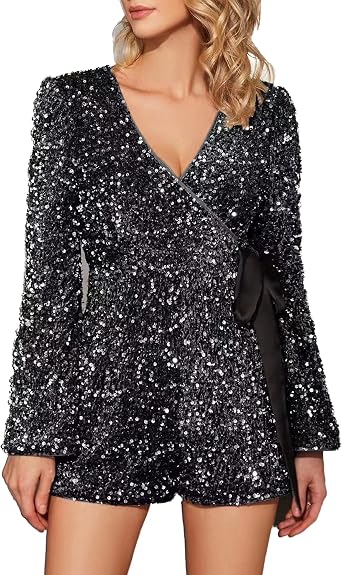 EXTRO&VERT Sequin Romper for Women Sparkly One Piece Jumpsuit Long Sleeve Disco Party Outfit