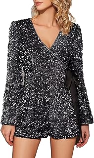 Sequin Romper for Women Sparkly One Piece Jumpsuit Long Sleeve Disco Par...