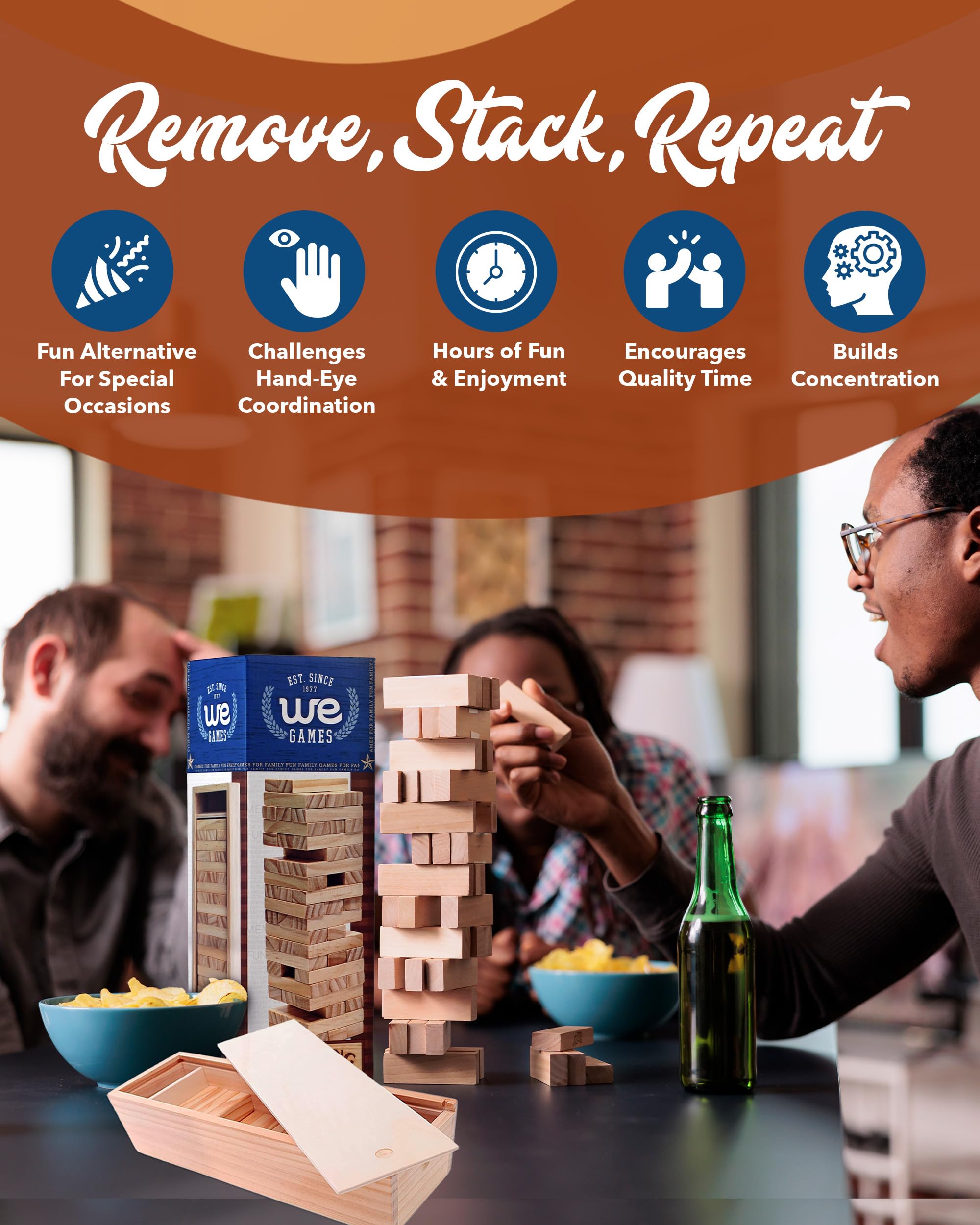 WE Games Wooden Block Stacking Party Game for Adults, Tumble Tower Wedding Guest Book Alternative, Tabletop Games, Includes Storage Case, 12 inches