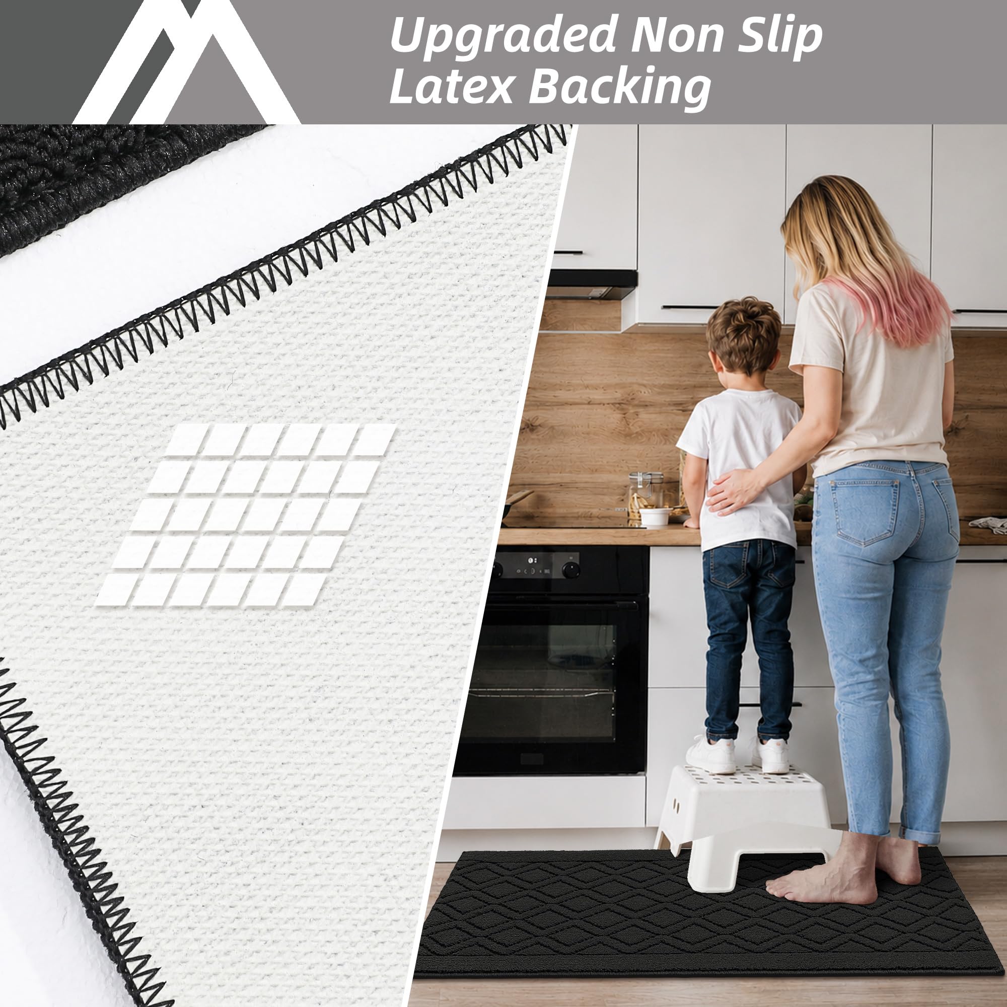COSY HOMEER 121,9 x 50,8 cm/76,2 x 50,8 cm Küchenteppichmatten aus 100% Polypropylen, 2 Stück, weiche Küchenmatte, spezialisiert auf rutschfest und maschinenwaschbar, schwarz