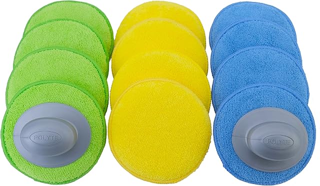 Polyte Microfibre Detailing Wax Applicator Pad w/2 Handles, 13 cm, 12 Pack (Multi-Blue,Green,Yellow)