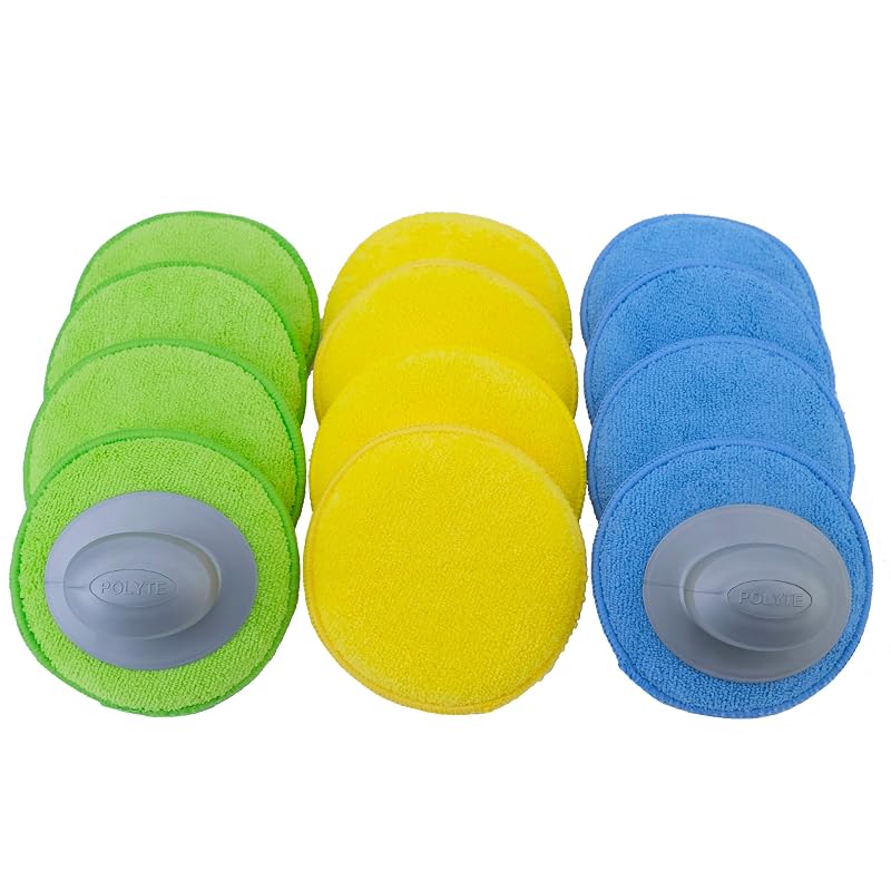 POLYTE Aplicador de Cera em Microfibra para Detalhamento com Cabo, 12,7 cm, Kit com 12 Pads e 2 Cabos