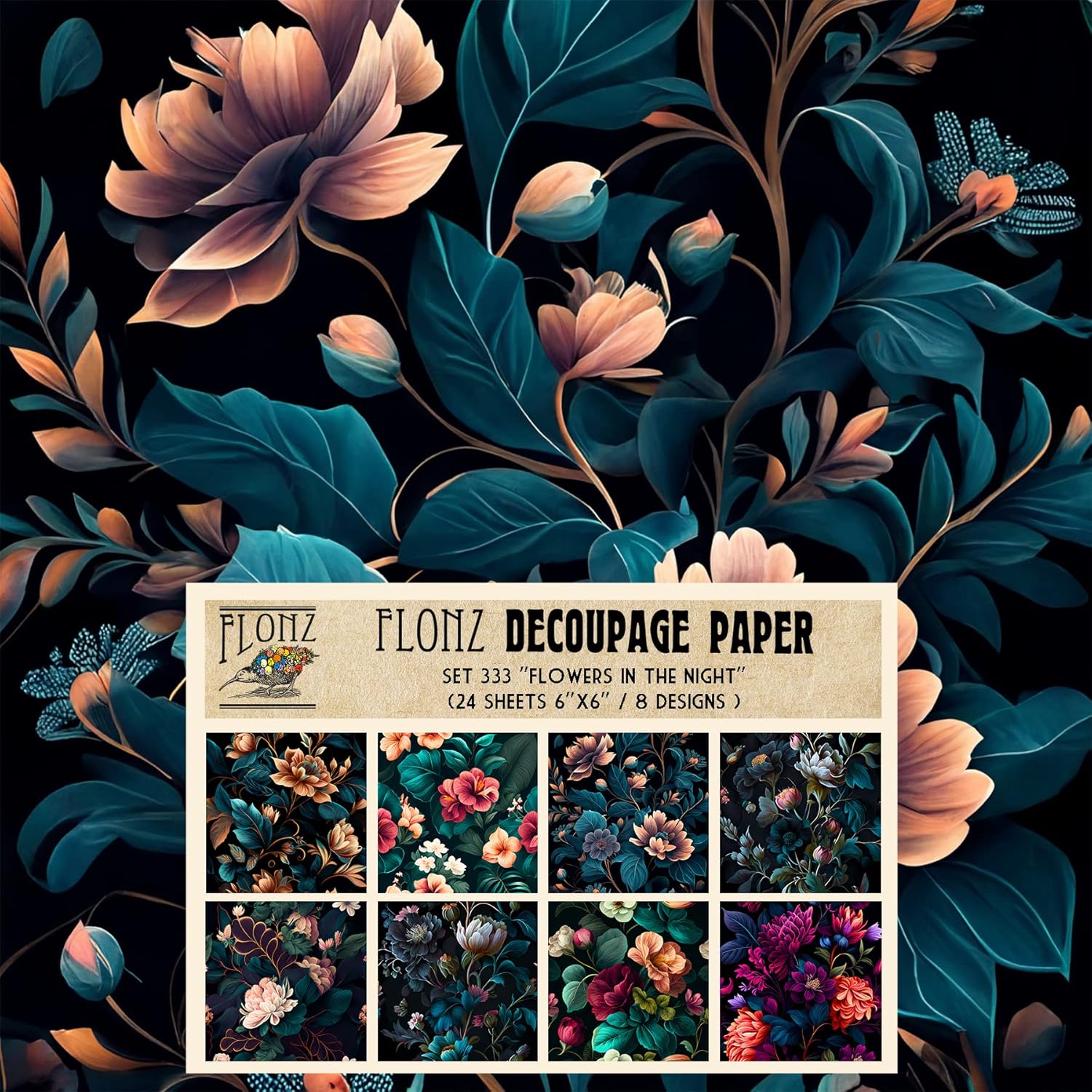 Decoupage Paper Pack (24 Sheets 6"x6") Flowers in The Night