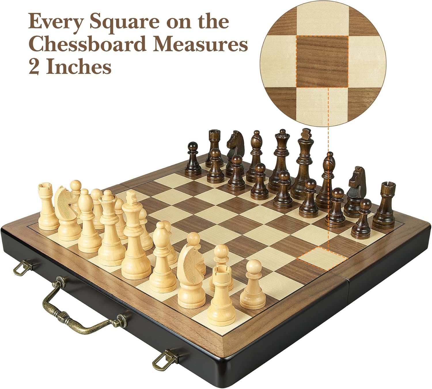 18.5" Wooden Chess Set with Handle,Chess Sets for Adults Kids Portable Folding Board Games with 4.5" King 2 Extra Queens,Handmade Weighted Large Pieces with Storage Slots - Image 5