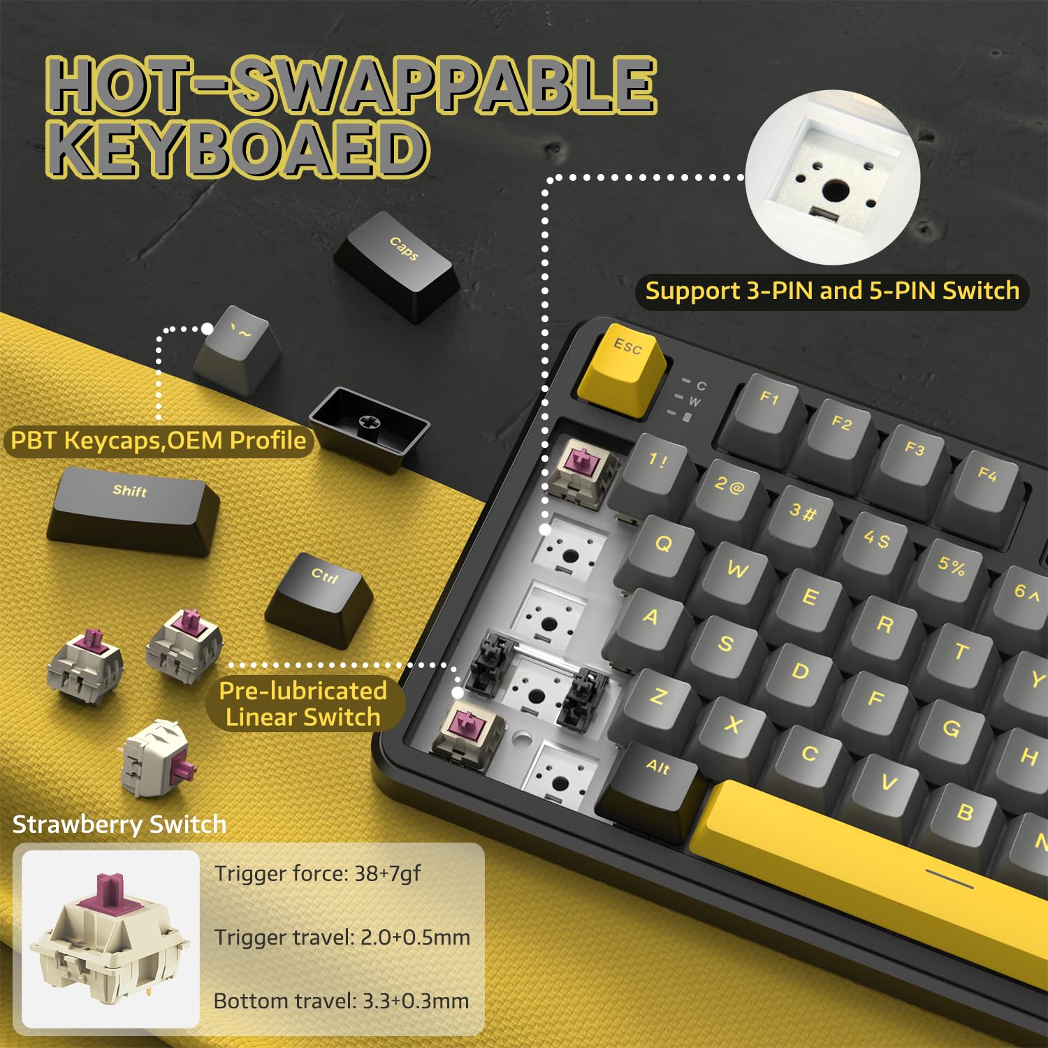 ATTACK SHARK X87 80% Tastiera da gioco meccanica wireless,BT5.0/2.4Ghz/USB-C Guarnizione hot-swap,illuminazione RGB,batteria da 4000mAh,interruttore lineare prelubrificato,tasti PBT per PC/MAC-Nero