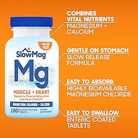 SlowMag Muscle & Heart Magnesium Chloride Supplement with Calcium, 180 Count, Supports Muscle Relaxation, Heart, Nerve & Bone Health, High Absorption (Pack of 2)