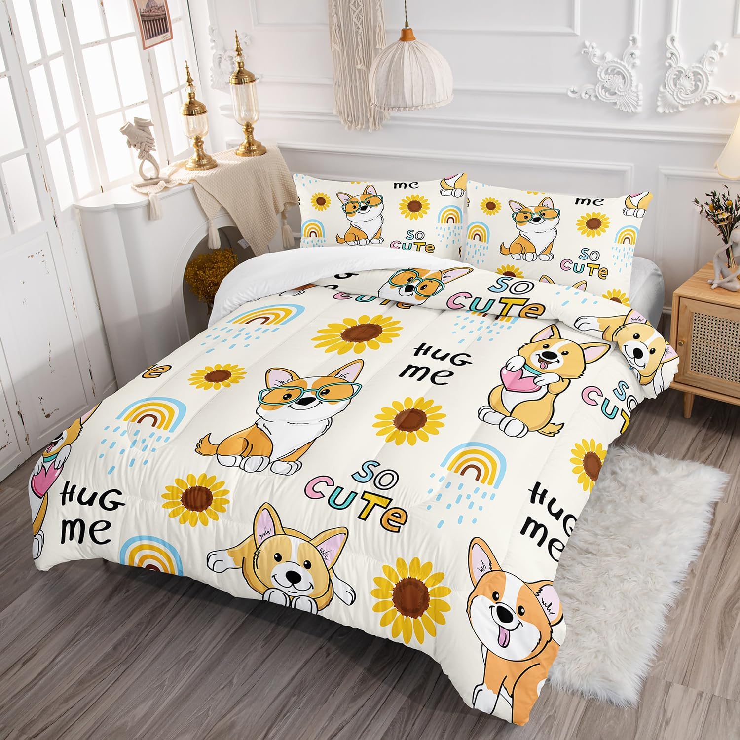 Kawaii Cartoon Corgi Dog Animal Themed Comforter 3Pcs Queen Yellow Sunflower Rainbow Bedding Set for Kid Teen Girl Boy Adult So Cute Pet Dog Quilt Bed Decor with 1 Comforter and 2 Pillowcases