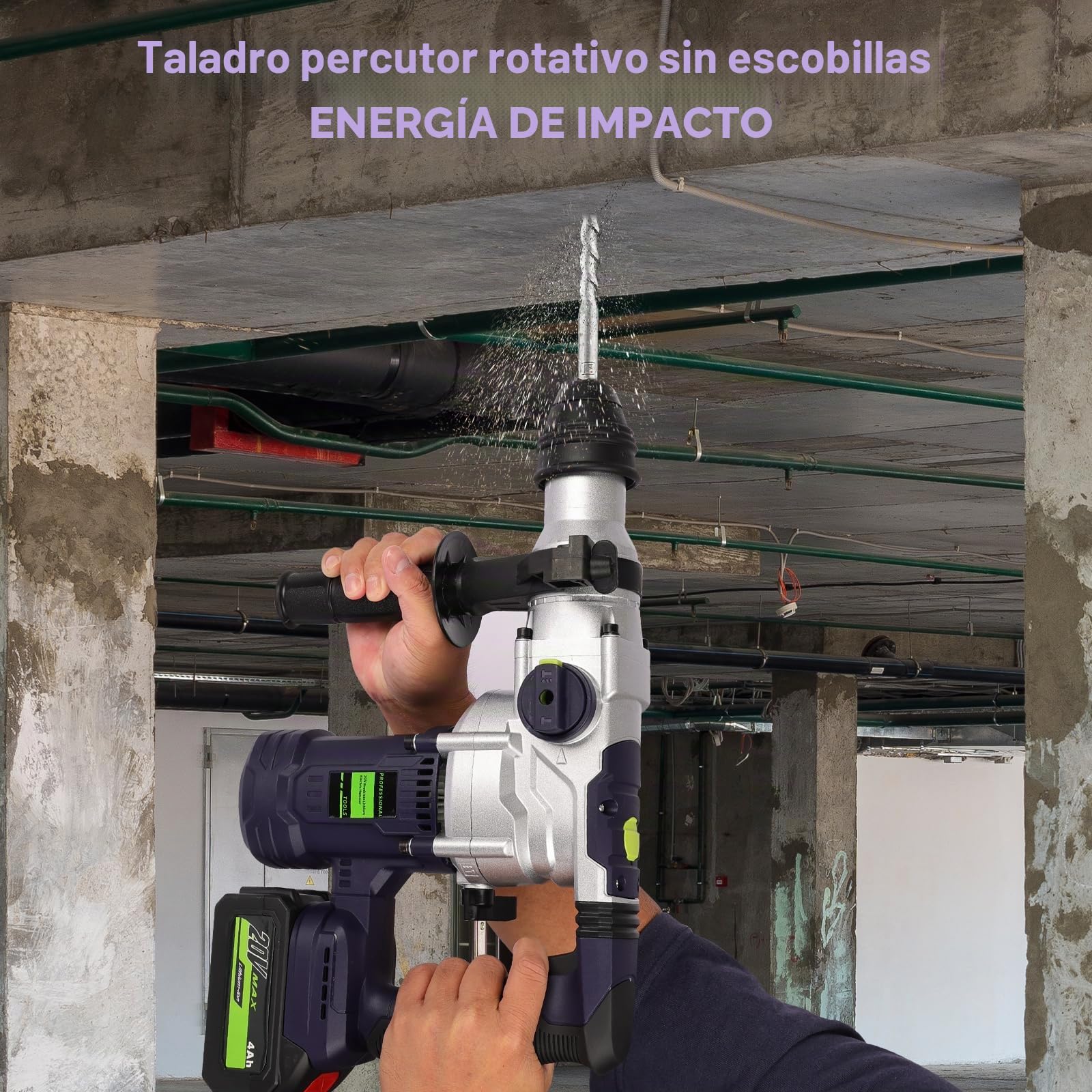 Martillo Perforador a Batería 1000W 2 x 4.0Ah 20 V 4.5J Martillo Percutor Inalámbrico SDS Plus 3 en 1 4500RPM para Hormigón y Mampostería Maletín y 5 Brocas/Cinceles para Hormigón y Mampostería