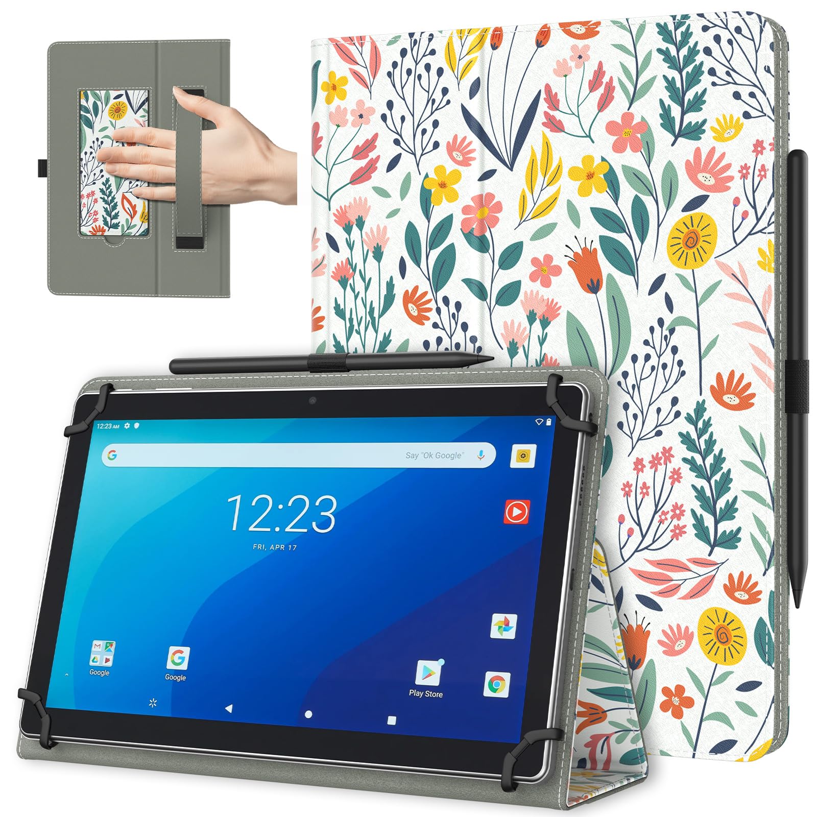TiMOVO Universal Hülle für 10,1 Zoll Android Tablet mit Stiftschlaufe, Leichtes & Faltbares Standhülle mit Handschlaufe für Alle 9,6-11 Zoll Touchscreen-Tabletten, Blume