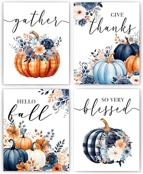 JWVK Navy Blue Fall Pumpkin Thanksgiving Wall Art Prints Set of 4, Blue Wall Decor, Vintage Floral Plaid Autumn Harvest Posters for Home Office, 8x10 Unframed
