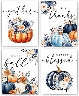 JWVK Navy Blue Fall Pumpkin Thanksgiving Wall Art Prints Set of 4, Blue Wall Decor, Vintage Floral Plaid Autumn Harvest Posters for Home Office, 8x10 Unframed
