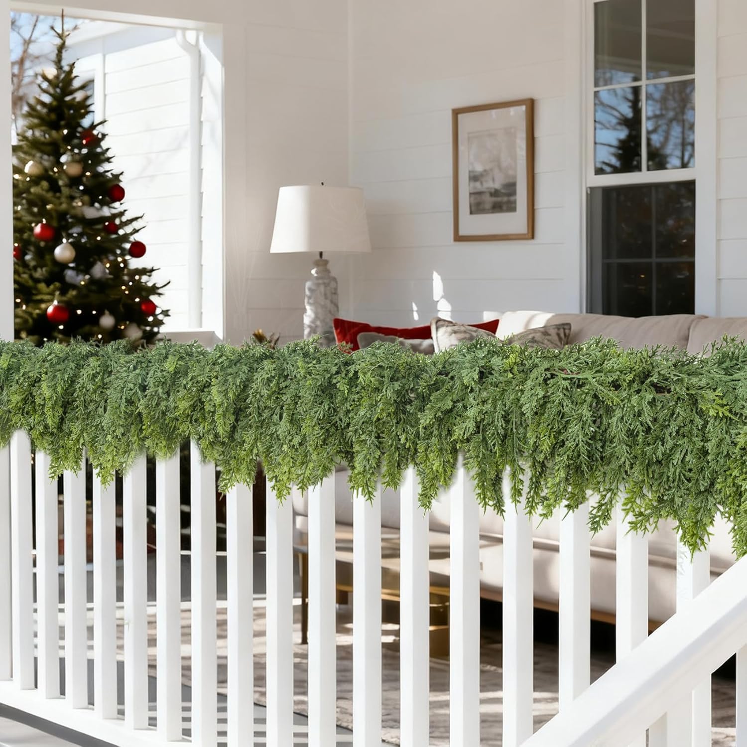 Ouddy Decor 6 Ft Christmas Cedar Garland for Mantle, Real Touch Faux Needles Pine Realistic Artificial Christmas Greenery Garland for Winter Porch Table Fireplace Stairs Indoor Outdoor Home Decor - Image 7