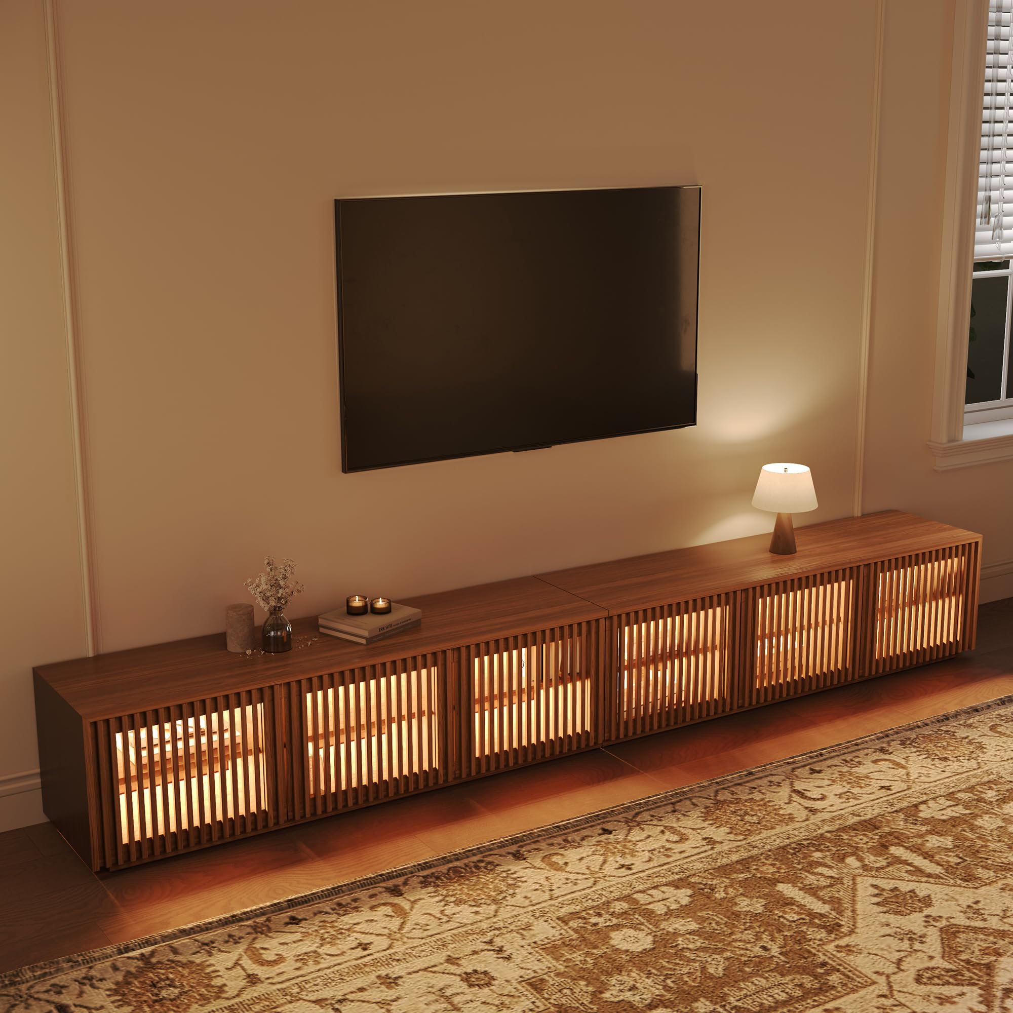 POVISON Mid Century Modern Wood Slatted TV Stand with LED Lights, Media Console for 85+ Inch TV, Entertainment Center with Storage Cabinet for Living Room, Fully-Assembled (Dark Wood, 118.11")