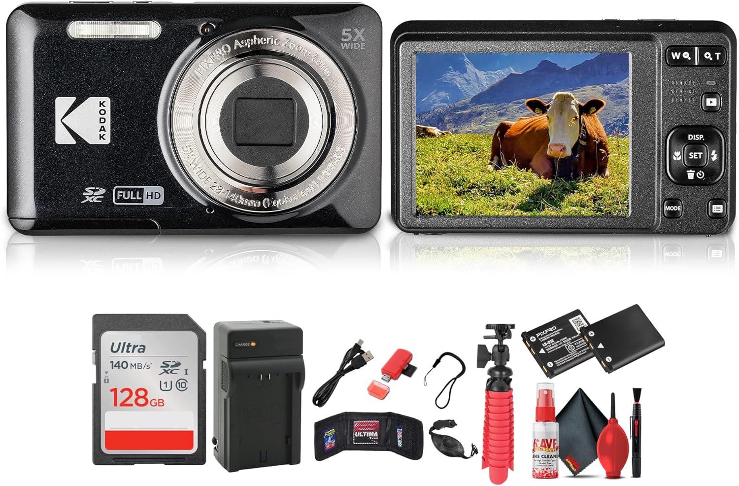Kodak Pixpro FZ55 Digital Camera (Black) Bundle Including: 128 GB Memory Card, Rechargeable Battery, Battery Charger, Flexible Tripod, Card Reader, Card Wallet, Hand Strap, Full Cleaning Kit