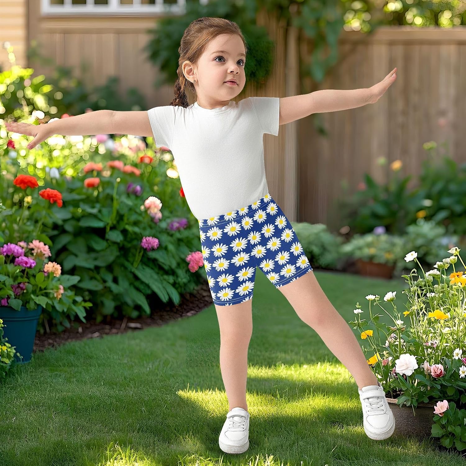 Flower Blue Girls Bike Shorts Toddler Soft Cotton Active Under Dress Shorts