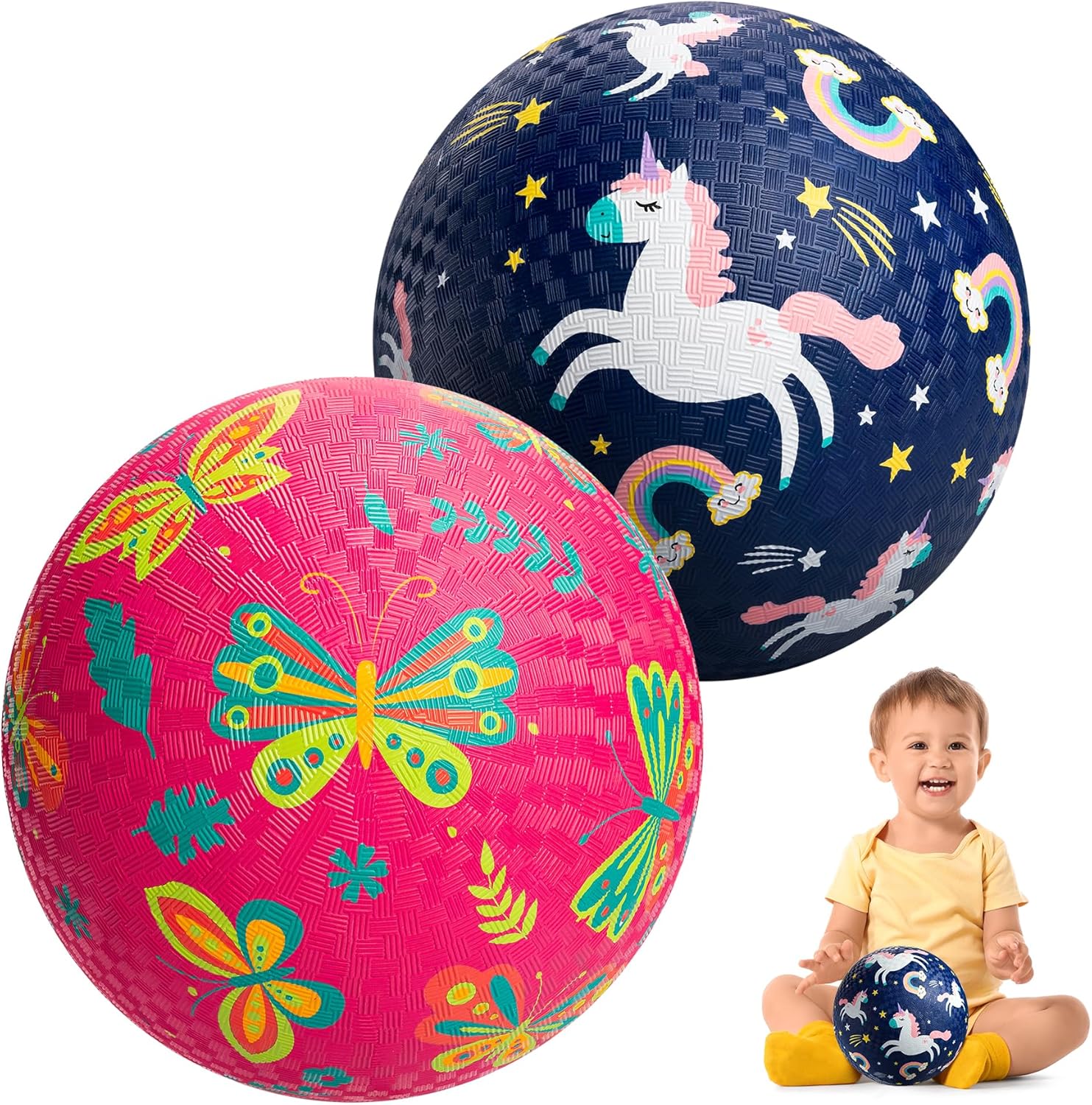 U&C Planet Playground Balls for Toddlers 1-3, 2 Pack 6 inch 8.5 inch Kickball for Kids Outdoor Indoor, Catoon Rubber Balls with Pump, Child Gift for Boys Girls 1-3 3-5 5-10