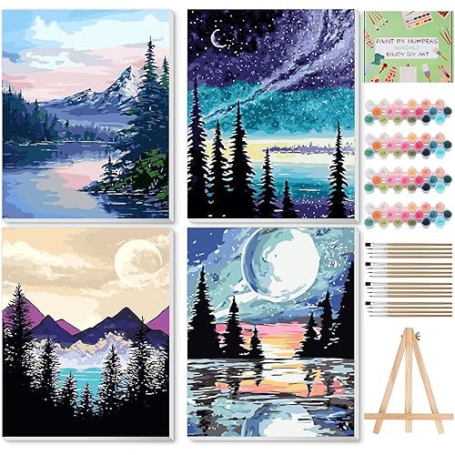 Ninonly 4 Pack Paint by Numbers Kit for Adults Framed Canvas, Art Supplies for Adults Beginners with Easel, Brushes, Acrylic Paint Set for Christmas Gift & Decor, 9 * 12 Inch