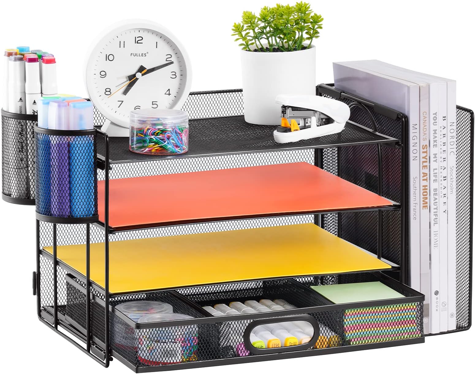 Desk Organiser, 4-Tier Desk File Organiser with Drawer and 2-Pen Holder, Multifunctional Paper Tray Organiser, Desk Organiser and Accessories for Home Office Accessories, Black