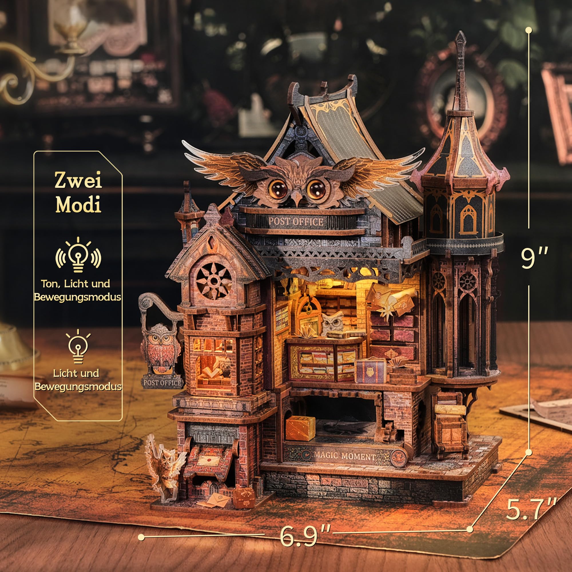 FUNPOLA LED 3D Holzpuzzle Eulen-Postamt – Dynamisches Modell mit mechanischen Zahnrädern, DIY Miniatur-Bausatz mit Musik und LED-Lichtern, Wohnkultur-Geschenk für Erwachsene und Jugendliche