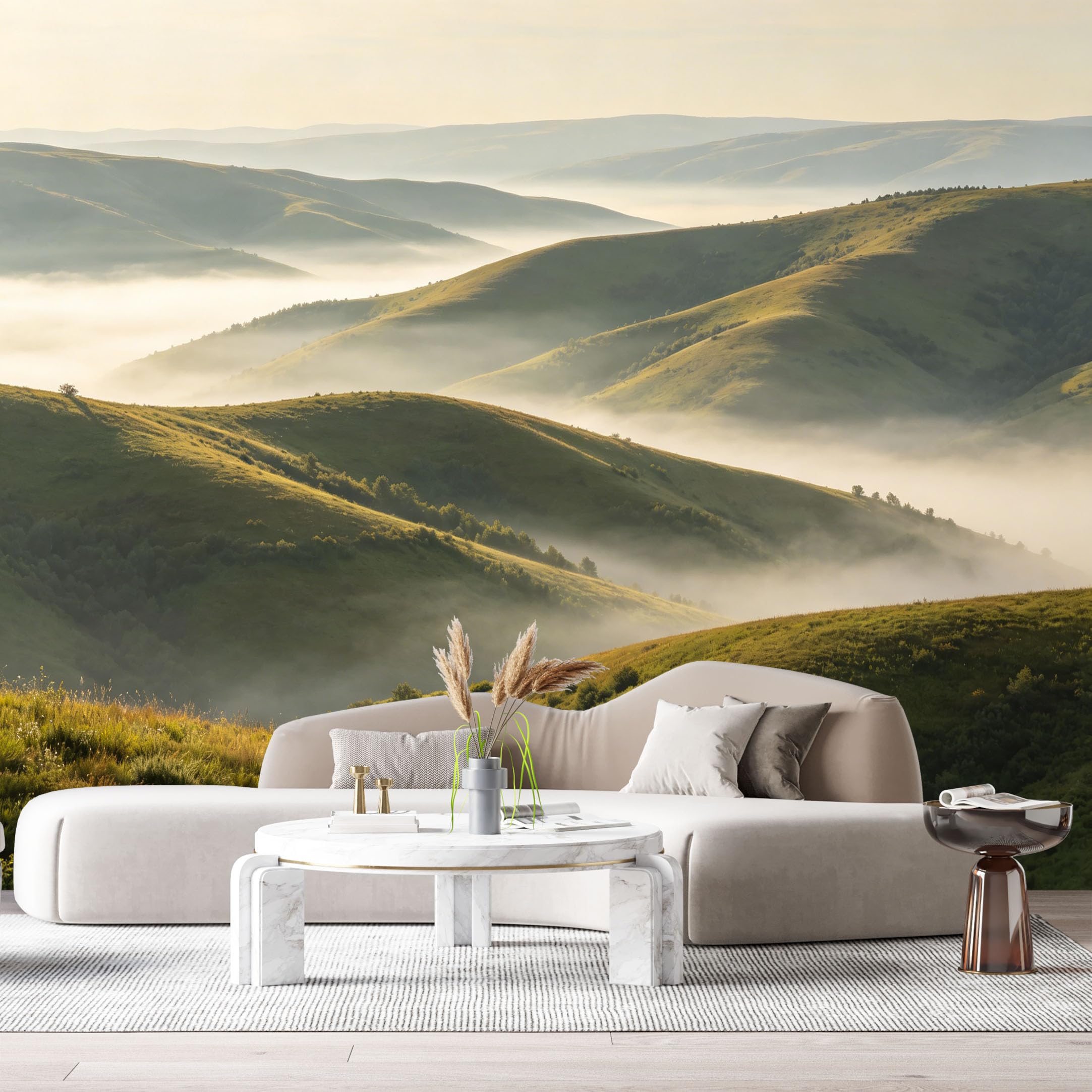 Custom Size Wall Murals Misty Hills Landscape Morning Fog Mountain Valley Sunrise SelfAdhesive Wall Fabric Removable Large Wallpaper for Photo Living Room
