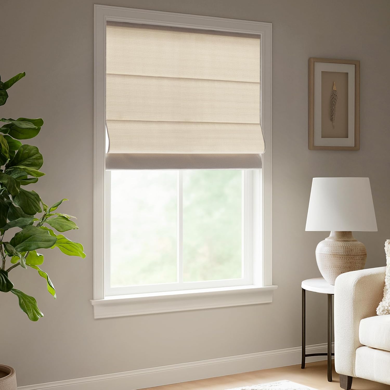 Madison Park Galen Matte Linen Cordless Roman Shades - Fabric Privacy Single Panel Darkening, Energy Efficient, Thermal Insulated Window Blind Treatment, for Home, Living Room Decor, 34" W x 64" H Room Darkening Basketweave Matte Linen 34"W x 64"H