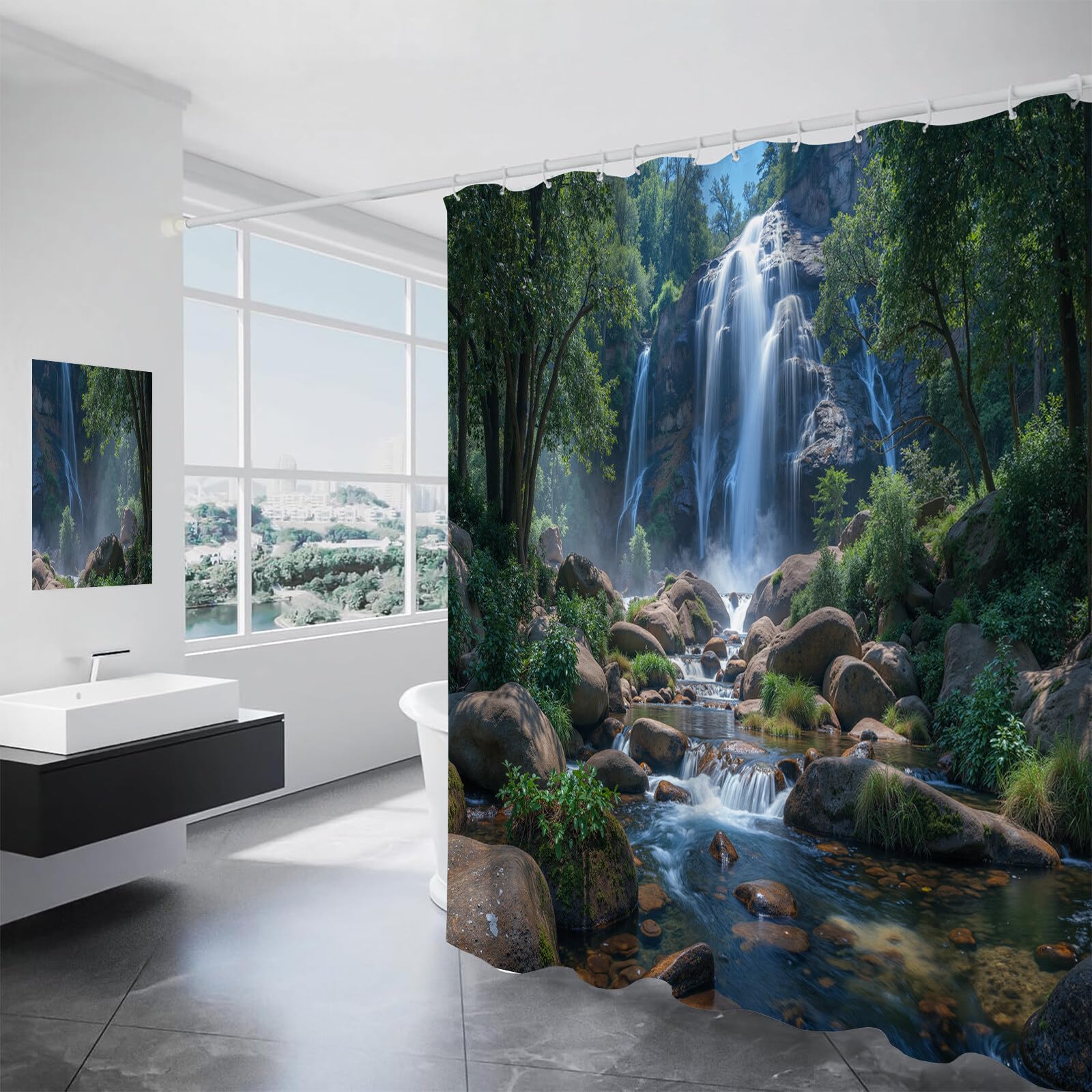 Rideau Douche,Rideau Baignoire Lavable en Machine Rideaux Douche Tissus Lavable Rideau De Baignoire Lavable pour Salle De Bain Domicile Baignoire Famille,Forêt De Cascades,