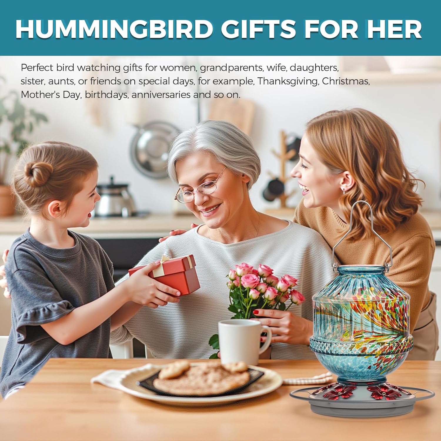 Hand Blown Glass Hummingbird Feeders for Outdoors, 25 Ounces Wild Bird Nectar Feeder with Perch & 5 Flower Feeding Ports Leak Proof Hanging for Garden Backyard Decor, Gifts for Women Mom, Blue - Image 7