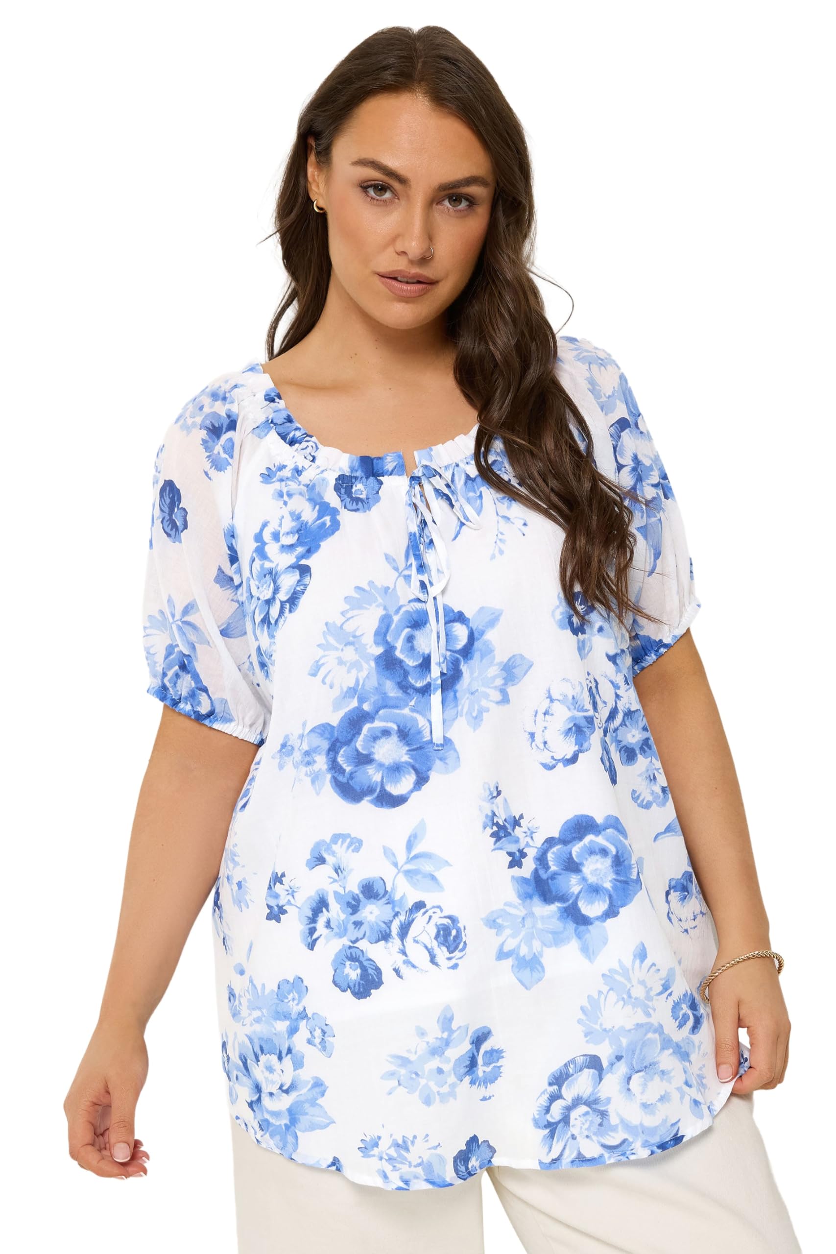 Yours Women's Ivory Floral Gypsy Tie Neck Top In | : 22/24