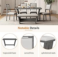 Vista 4 de Merax Juego de comedor retro de 6 piezas, 1 mesa rectangular con base de mesa trapezoidal estable y 4 sillas tapizadas y 1 banco para comedor