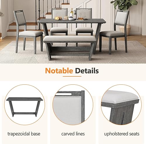 Miniatura 4 de Merax Juego de comedor retro de 6 piezas, 1 mesa rectangular con base de mesa trapezoidal estable y 4 sillas tapizadas y 1 banco para comedor y Gris