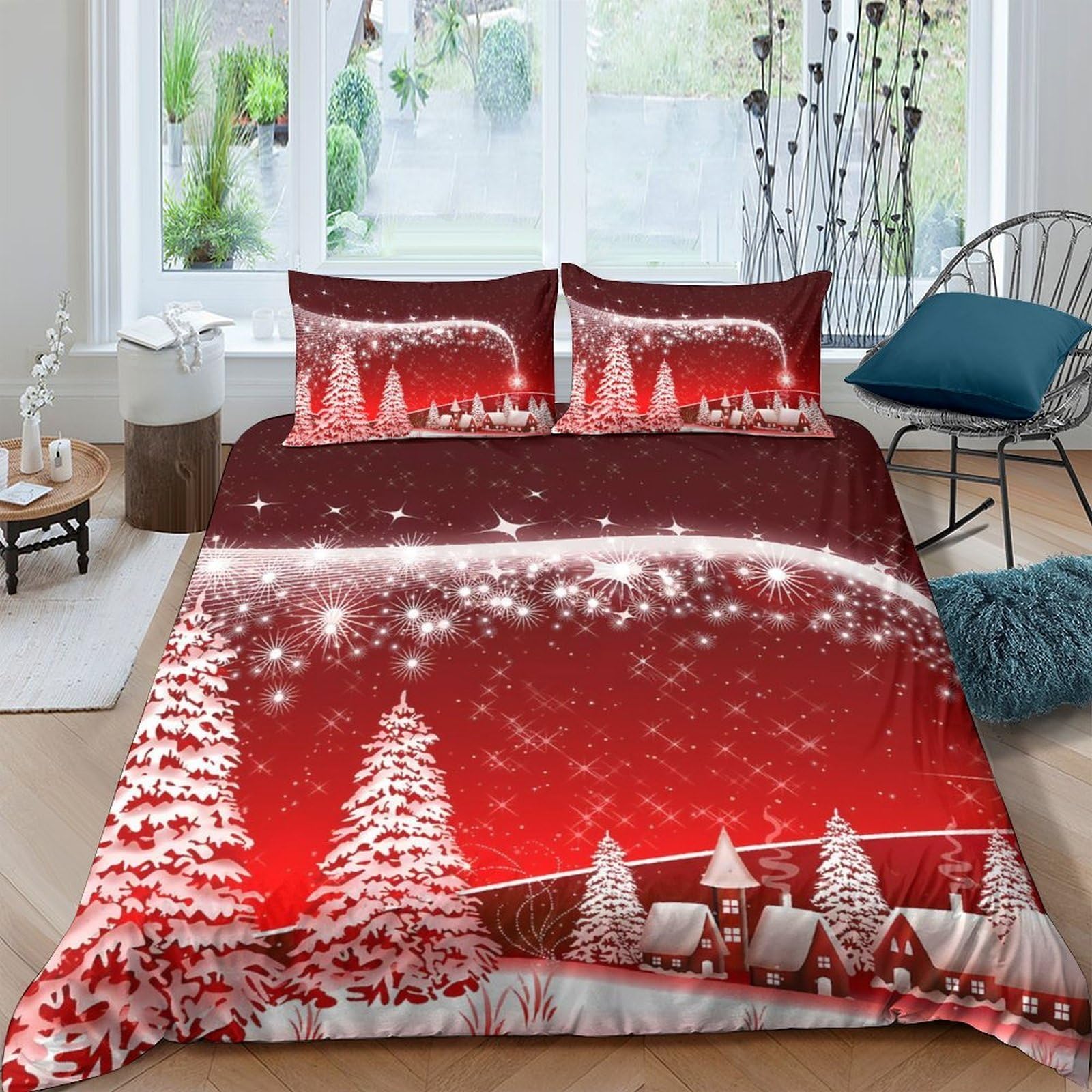 Ctjqhvkz Style-8 3D Printed Christmas Snow Forest Fitted Sheet Microfiber Red Winter Village Bed Cover For Bedroom Guest Room Single（135X200cm）