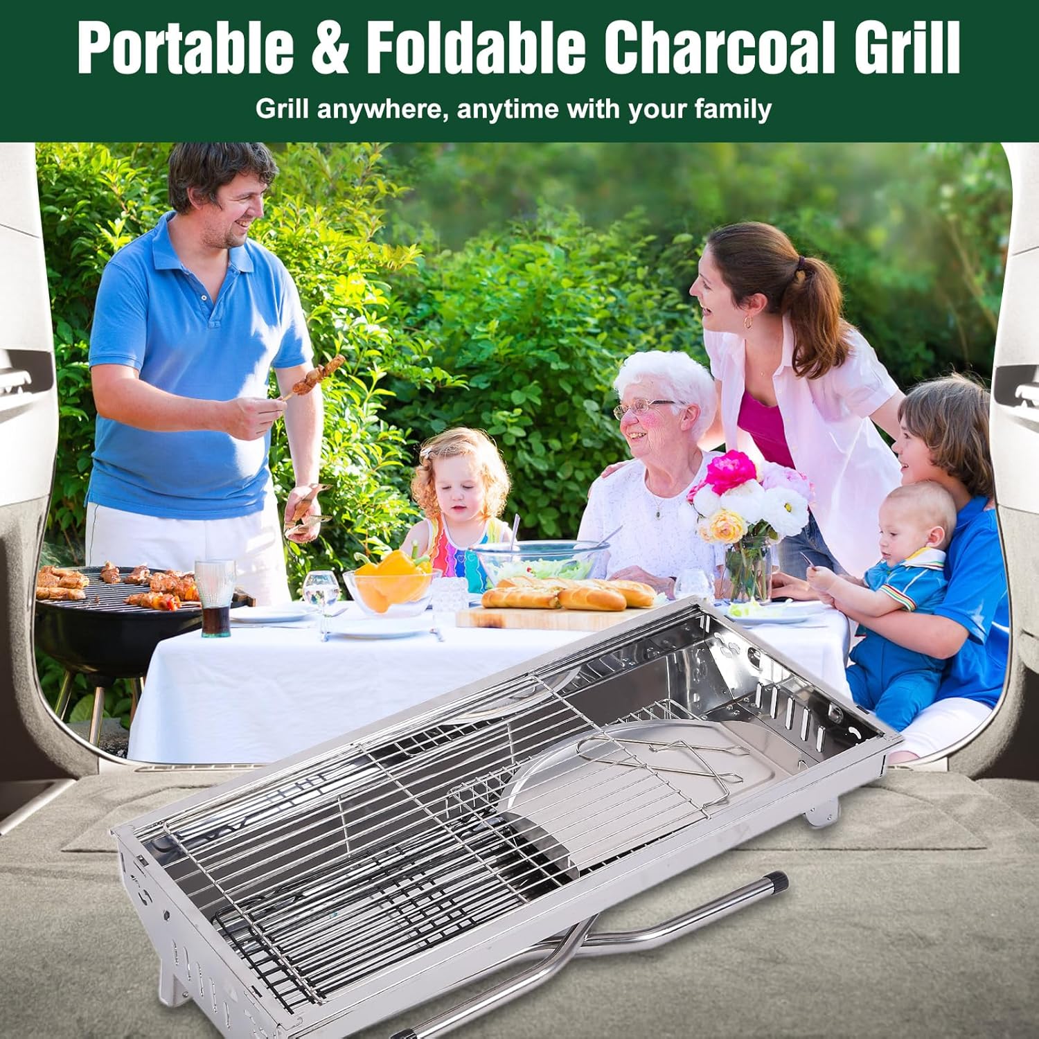 Portable Charcoal Grill, Folding Barbecue Grill with Storage Shelf, Stainless Steel BBQ Smoker Barbecue Tool Kits for Outdoor Cooking Camping Hiking Picnics Backpacking