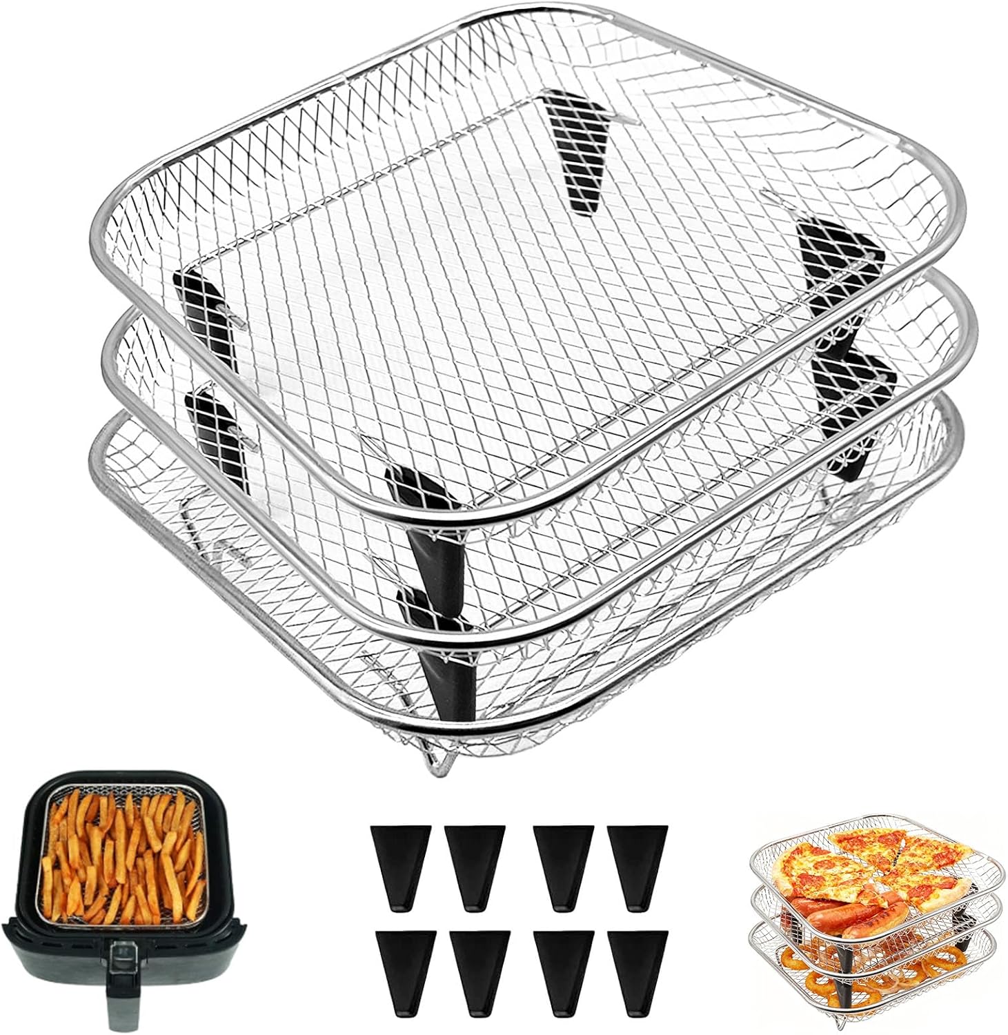3 Tiers Air Fryer Mesh Baskets, 8×8×1.7 Inch Stackable Square Stainless Steel Square Dehydrator Racks Air Fryer Accessories with Silicone Feet for Ninja Cosori Chefman Instant