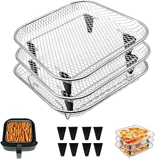 3 Tiers Air Fryer Mesh Baskets, 8×8×1.7 Inch Stackable Square Stainless Steel Square Dehydrator Racks Air Fryer Accessories with Silicone Feet for Ninja Cosori Chefman Instant