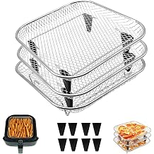 3 Tiers Air Fryer Mesh Baskets, 881.7 Inch Stackable Square Stainless Steel Square Dehydrator Racks Air Fryer Accessories with Silicone Feet for Ninja Cosori Chefman Instant