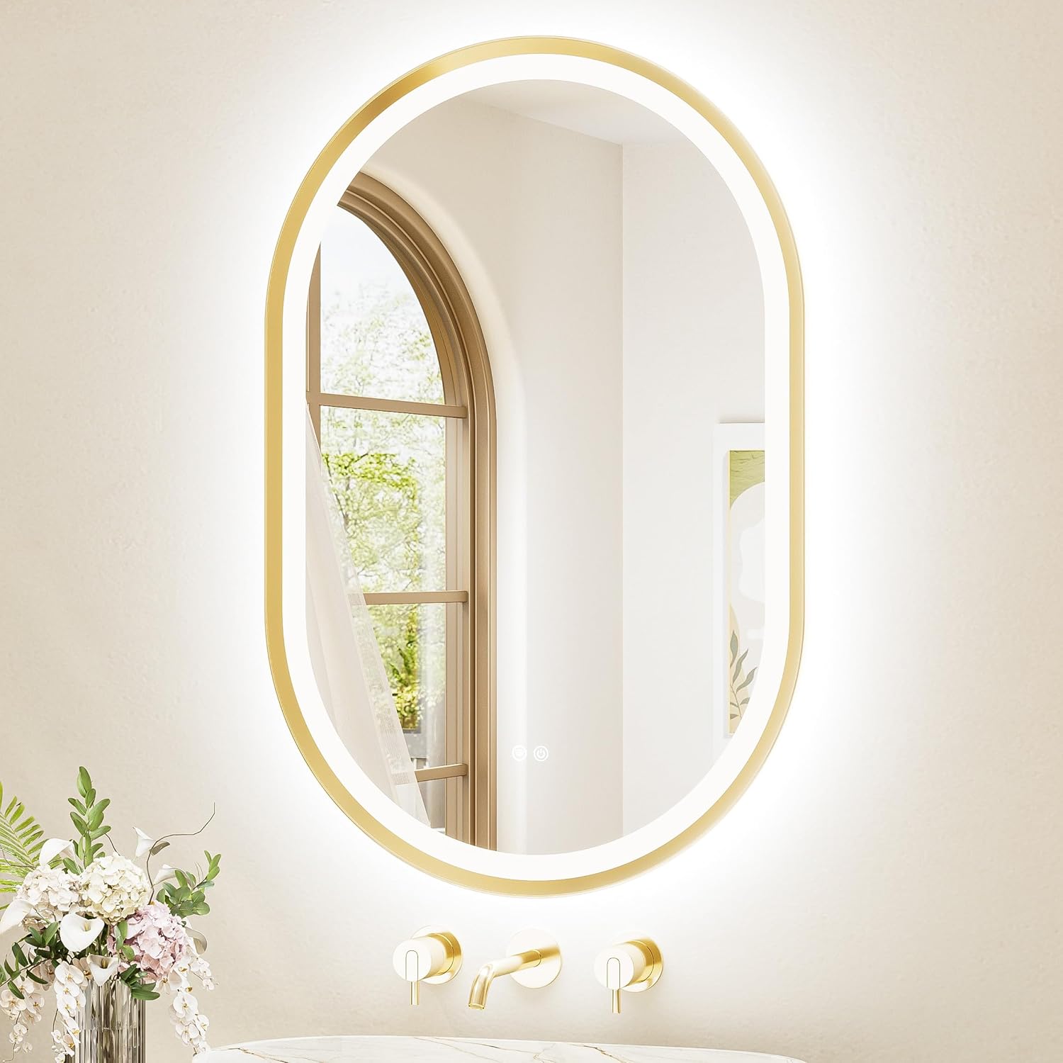 TETOTE Gold Oval Led Mirror with Lights 24" x 36" Metal Framed Oval Lighted Bathroom Vanity Mirror Wall Mounted, Front and Backlit 3 Color Stepless Dimmable Anti Fog, Shatterproof, CRI 90+